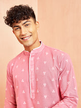 Men's Pink Festive Solid Full Sleeves Kurta