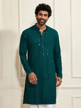 Men's Green Rayon Shifli Embroidered Kurta