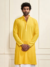 Men's Yellow Rayon Shifli Embroidered Kurta