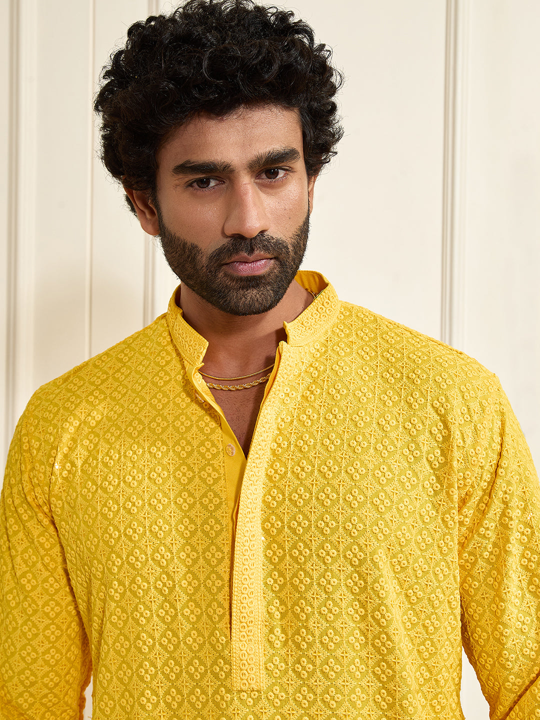Men's Yellow Rayon Shifli Embroidered Kurta