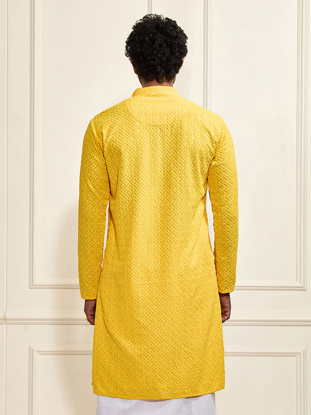 Men's Yellow Rayon Shifli Embroidered Kurta
