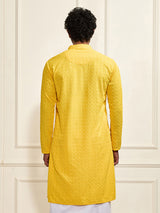 Men's Yellow Rayon Shifli Embroidered Kurta