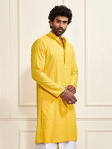 Men's Yellow Rayon Shifli Embroidered Kurta