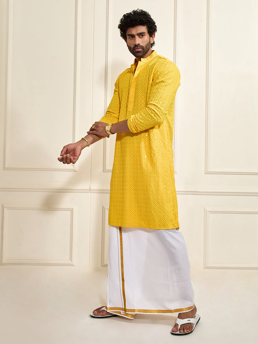 Men's Yellow Rayon Shifli Embroidered Kurta