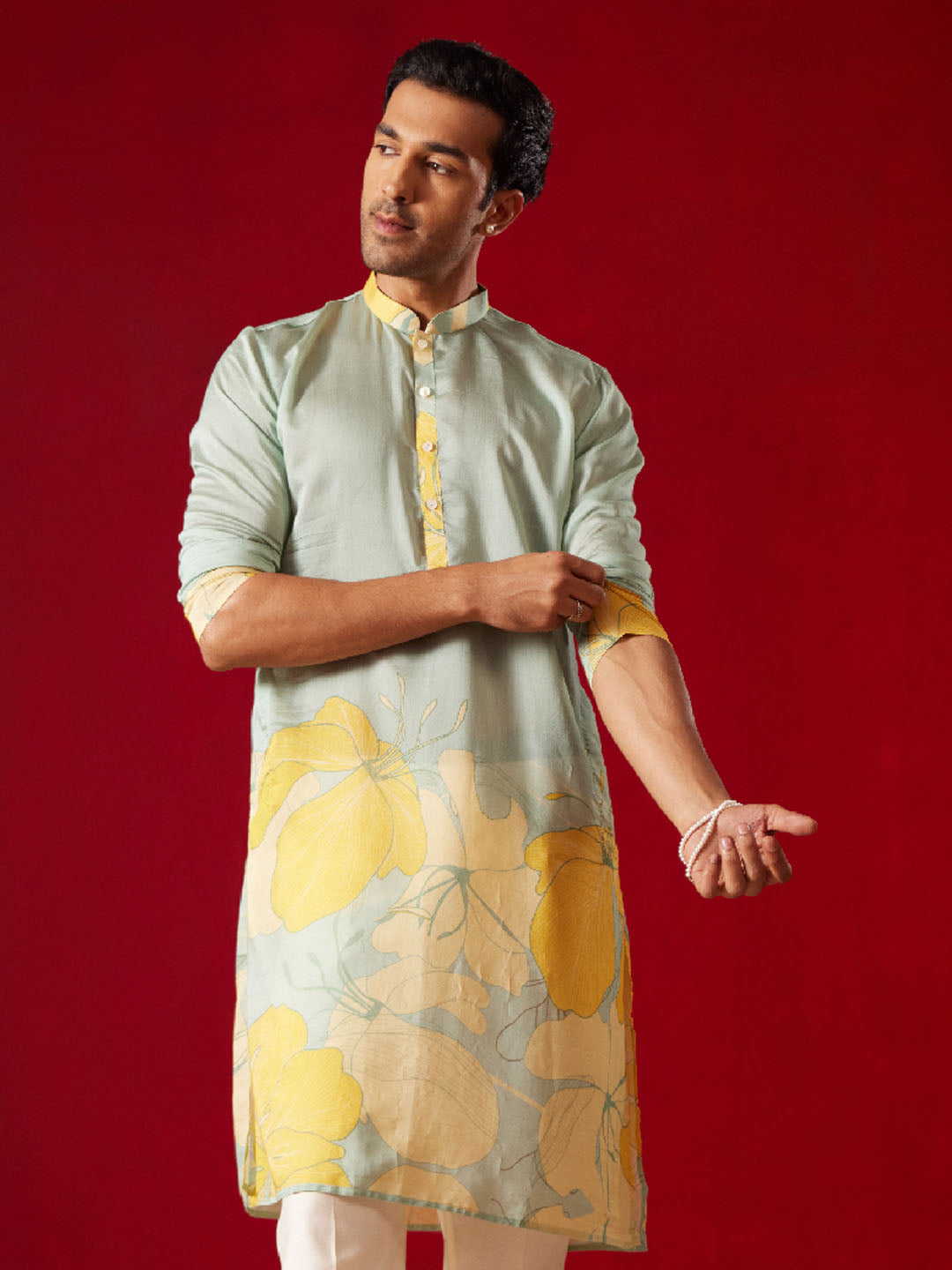 Men's Yellow Festive Printed Full Sleeves Kurta