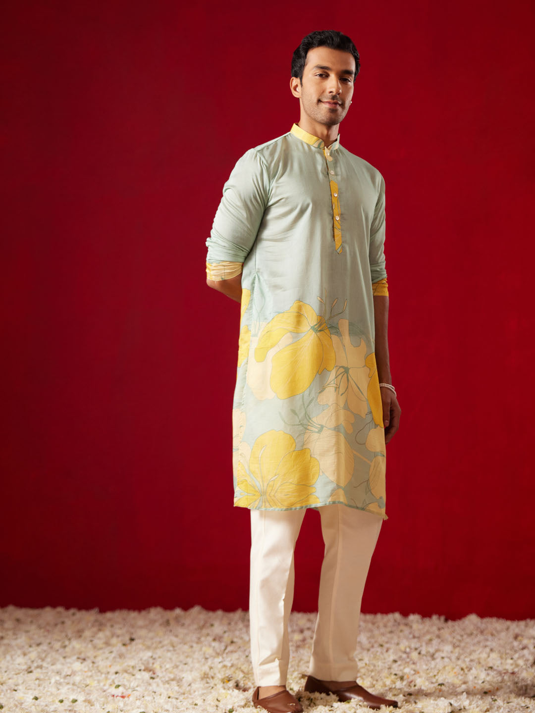Men's Yellow Festive Printed Full Sleeves Kurta