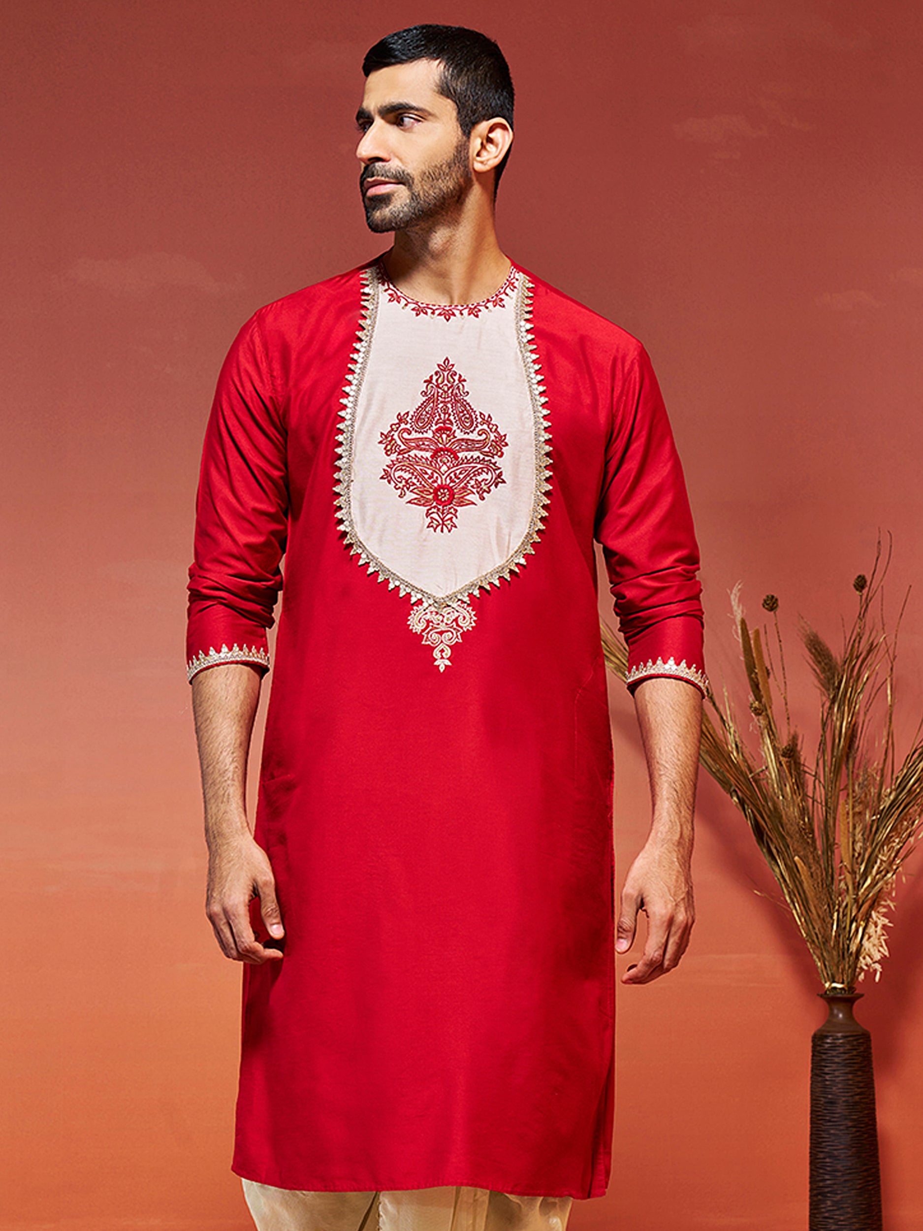 Men's Red Festive Printed Full Sleeves Kurta