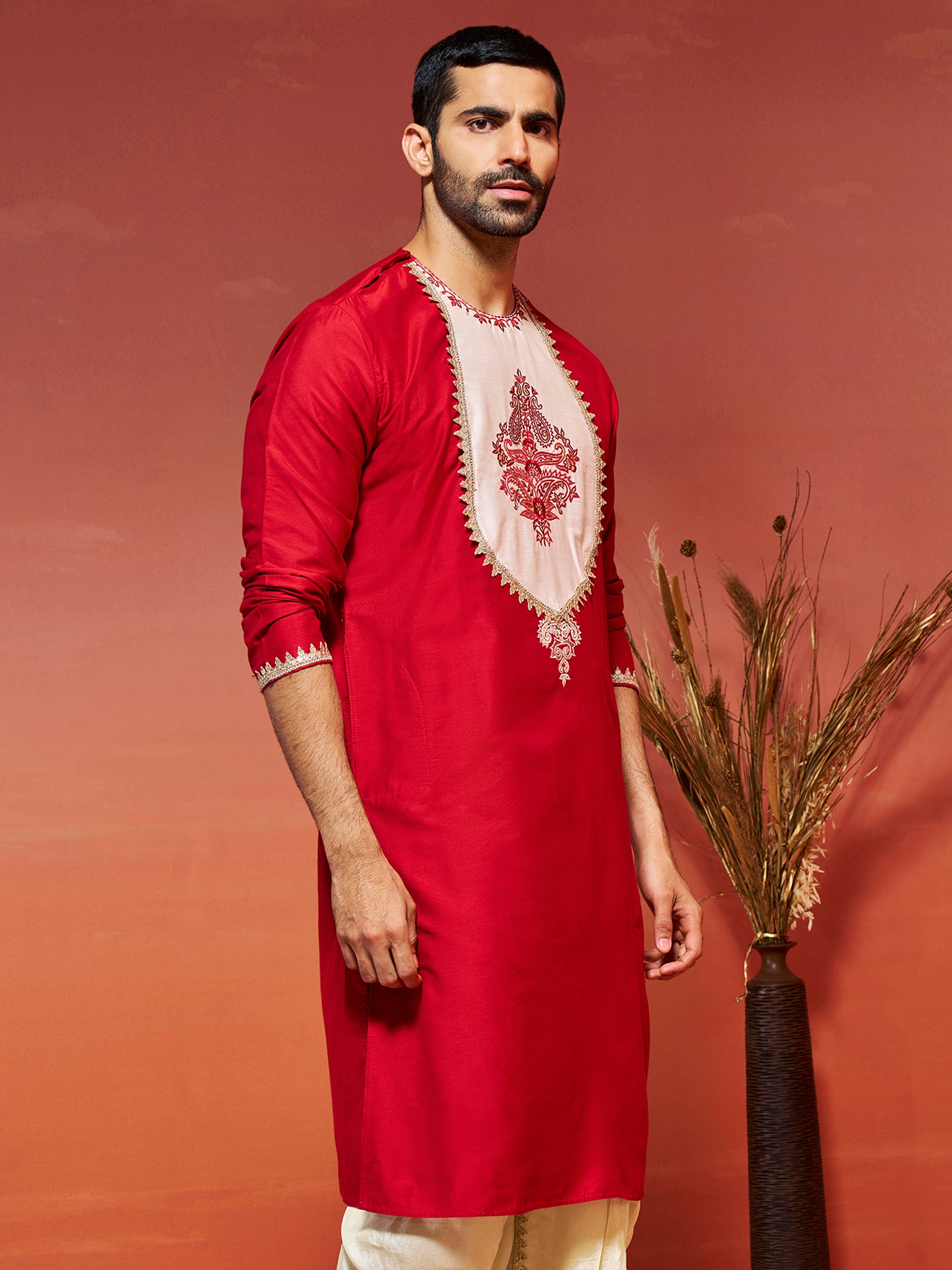 Men's Red Festive Printed Full Sleeves Kurta