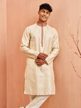 Men's Beige Silk Blend Long Jacquard Kurta with Maroon Motif