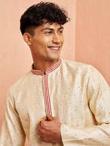 Men's Beige Silk Blend Long Jacquard Kurta with Maroon Motif