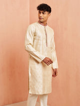 Men's Beige Silk Blend Long Jacquard Kurta with Maroon Motif