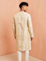 Men's Beige Silk Blend Long Jacquard Kurta with Maroon Motif