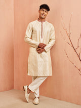 Men's Beige Silk Blend Long Jacquard Kurta with Maroon Motif
