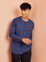 Men's Royal Blue Cotton Printed Short Kurta