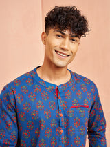 Men's Royal Blue Cotton Printed Short Kurta