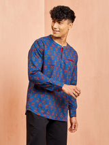 Men's Royal Blue Cotton Printed Short Kurta