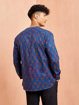 Men's Royal Blue Cotton Printed Short Kurta