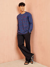Men's Royal Blue Cotton Printed Short Kurta