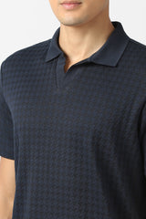 Men's Blue Casual Jacquard Regular Fit Half Sleeves Tshirt