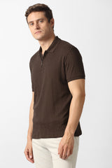 Men's Brown Casual Jacquard Regular Fit Half Sleeves Tshirt