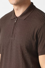 Men's Brown Casual Jacquard Regular Fit Half Sleeves Tshirt
