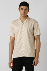 Men's Beige Casual Geometric Regular Fit Half Sleeves Shirt