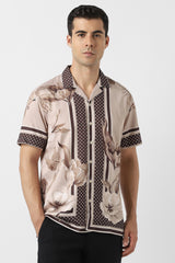Men's Beige Casual Printed Regular Fit Half Sleeves Shirt