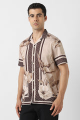 Men's Beige Casual Printed Regular Fit Half Sleeves Shirt