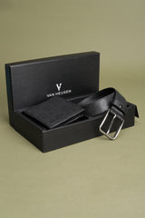 Men's Black Solid Leather Belt and Wallet Combo