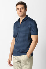 Men's Blue Casual Jacquard Regular Fit Half Sleeves Tshirt