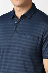 Men's Blue Casual Jacquard Regular Fit Half Sleeves Tshirt