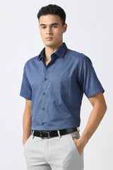 Men's Blue Formal Textured Regular Fit Half Sleeves Shirt