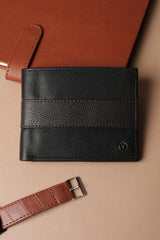Men's Black and Brown Textured Bi-Fold Leather Wallet