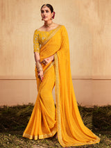 Women's Georgette Yellow Zari Embroidered Designer Saree With Blouse Piece