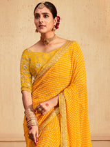 Women's Georgette Yellow Zari Embroidered Designer Saree With Blouse Piece