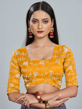 Women's Georgette Yellow Zari Embroidered Designer Saree With Blouse Piece