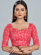 Women's Georgette Pink Zari Embroidered Designer Saree With Blouse Piece