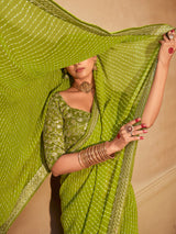 Women's Georgette Green Zari Embroidered Designer Saree With Blouse Piece