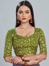 Women's Georgette Green Zari Embroidered Designer Saree With Blouse Piece