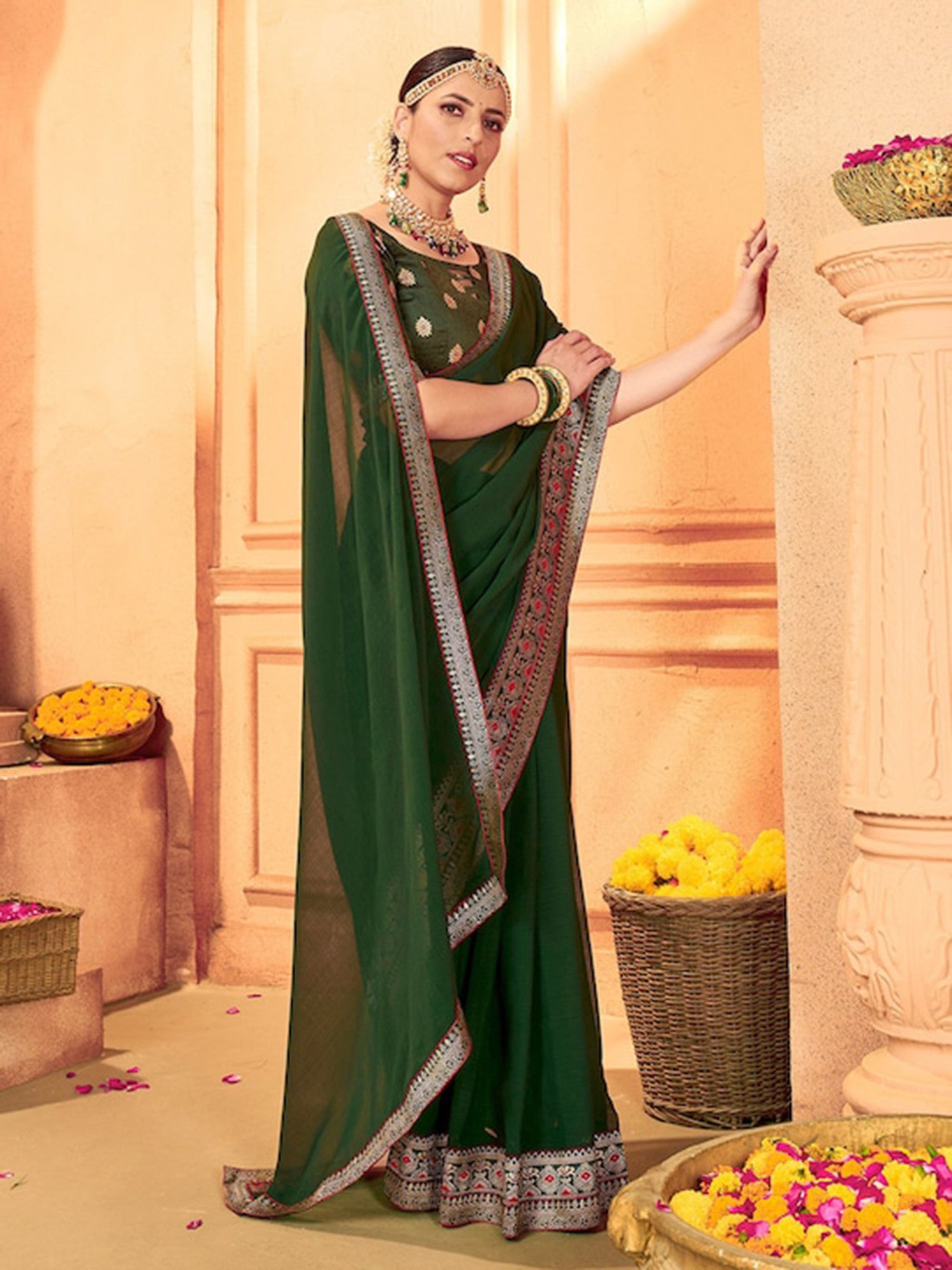 Women's Georgette Green Embellished Designer Saree with Blouse Piece