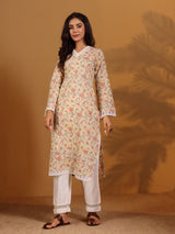 Women's Off White Floral Prnted Straight Kurta