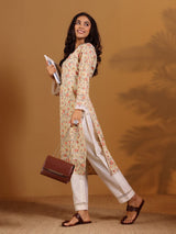 Women's Off White Floral Prnted Straight Kurta