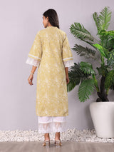 Women's Paisely Printed Lace Detailed Flared Sleeve Kurta