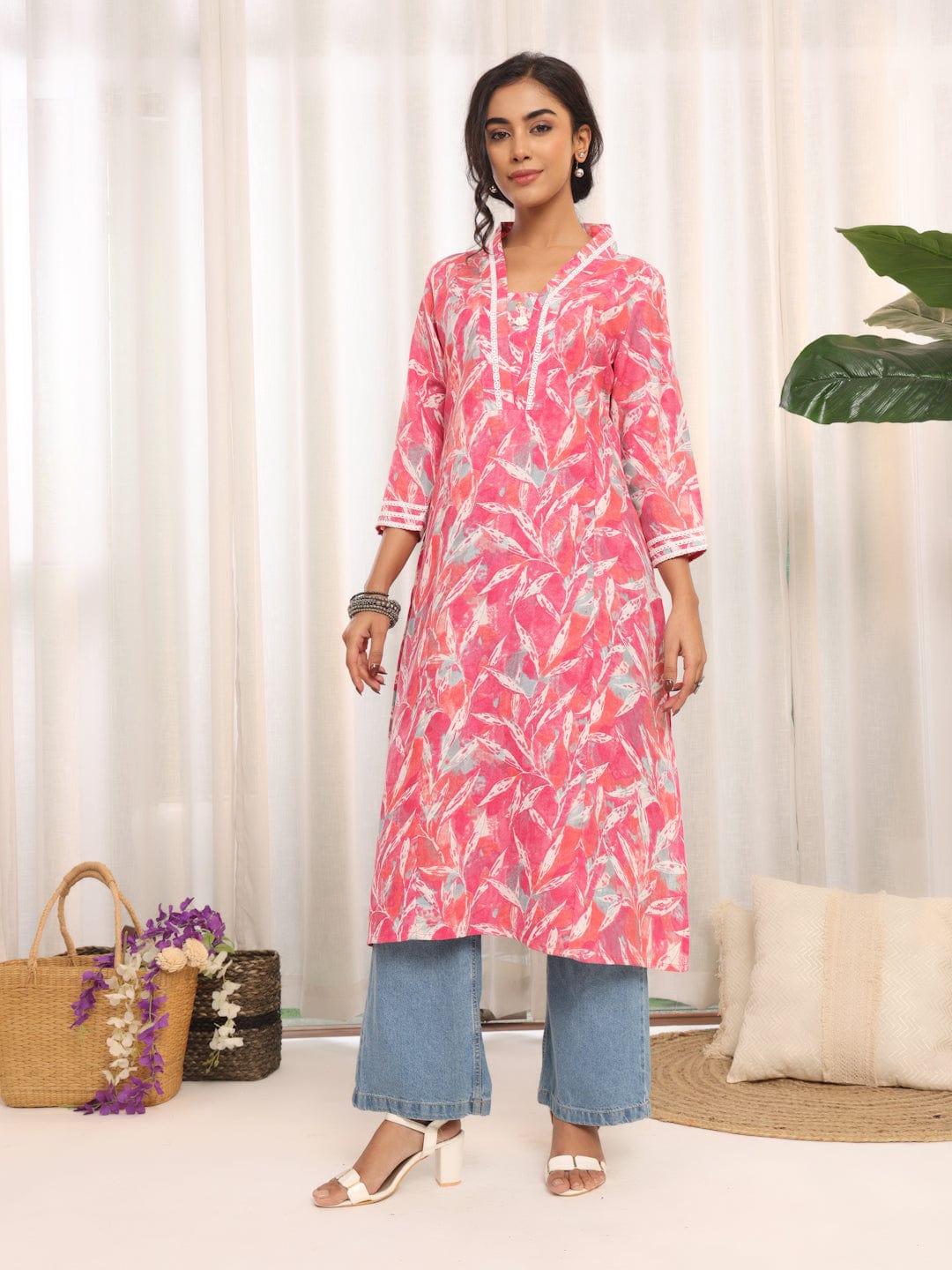 Women's V Neck Tropical Printed Kurta
