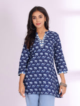 Women's Handblock Printed Mandarin Collar Short Tunic Kurti
