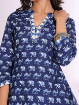 Women's Handblock Printed Mandarin Collar Short Tunic Kurti