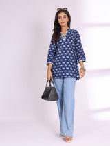 Women's Handblock Printed Mandarin Collar Short Tunic Kurti