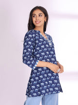 Women's Handblock Printed Mandarin Collar Short Tunic Kurti