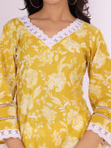 Women's Ethnic Floral Printed Flared Sleeve Kurta