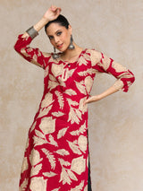 Women's Floral Round Neck With V Detailed Round Hem Kurta